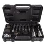 Set za zračne alate, uključujući utikače, nastavke i adaptere, u čvrstoj plastičnoj kutiji. Idealno za profesionalnu i kućnu upotrebu.