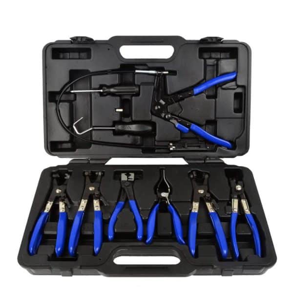 Set alata za rad na vazdušni compressor, uključujući kliješta i prirubnice za održavanje.