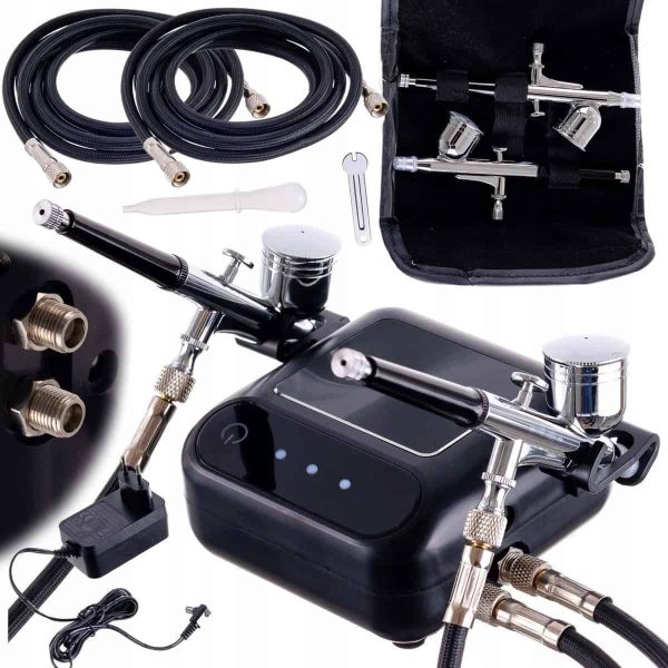 Set Kompresor i 2 kom Airbrush Black Za Crtanje Farbanje AutoStop
