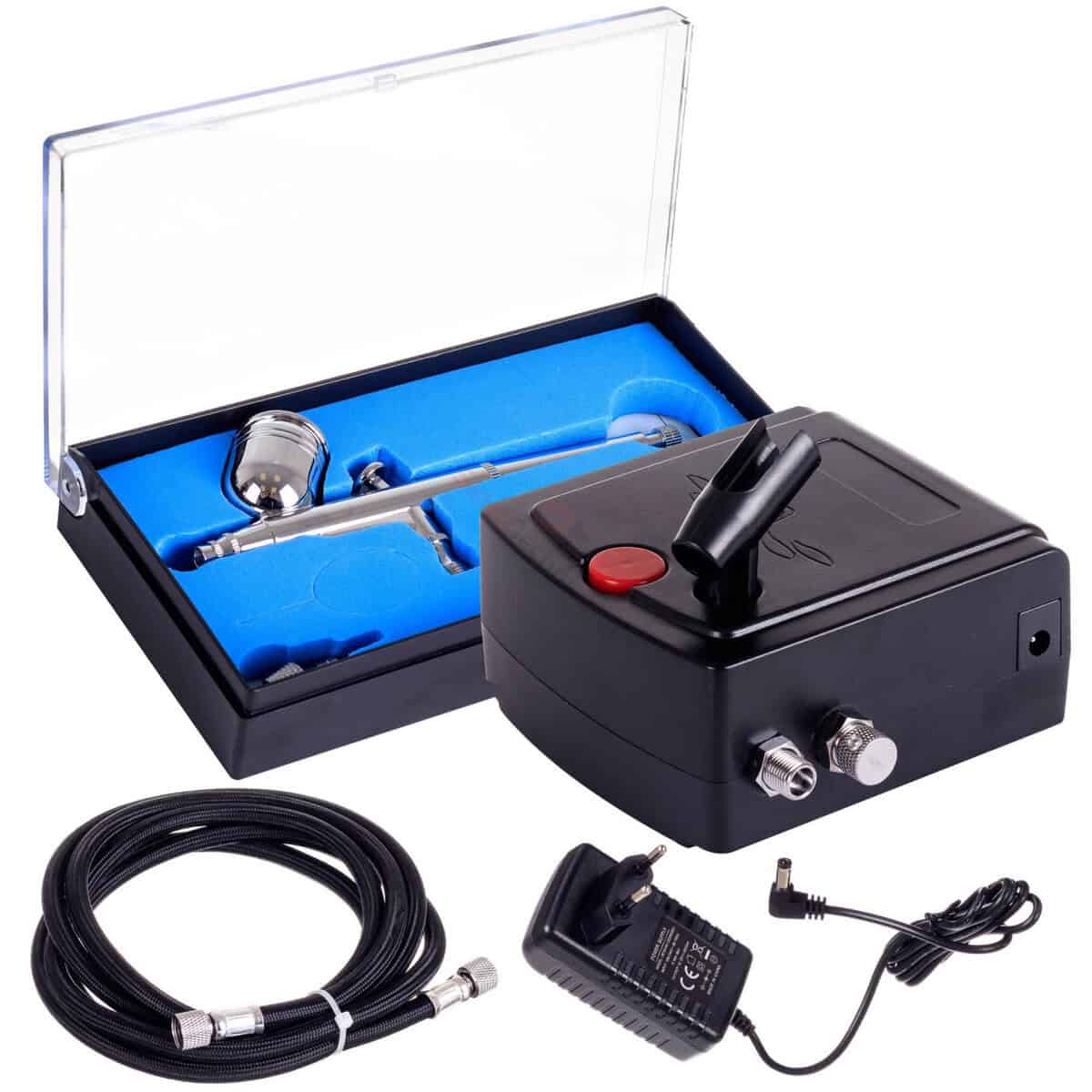 Set Kompresor Airbrush i Crijevo TC-100AK Start Stop Visoko kvalitetan uređaj za čišćenje ultrazvukom sa setom pribora i napajanjem. Idealno za industrijsku i profesionalnu upotrebu.