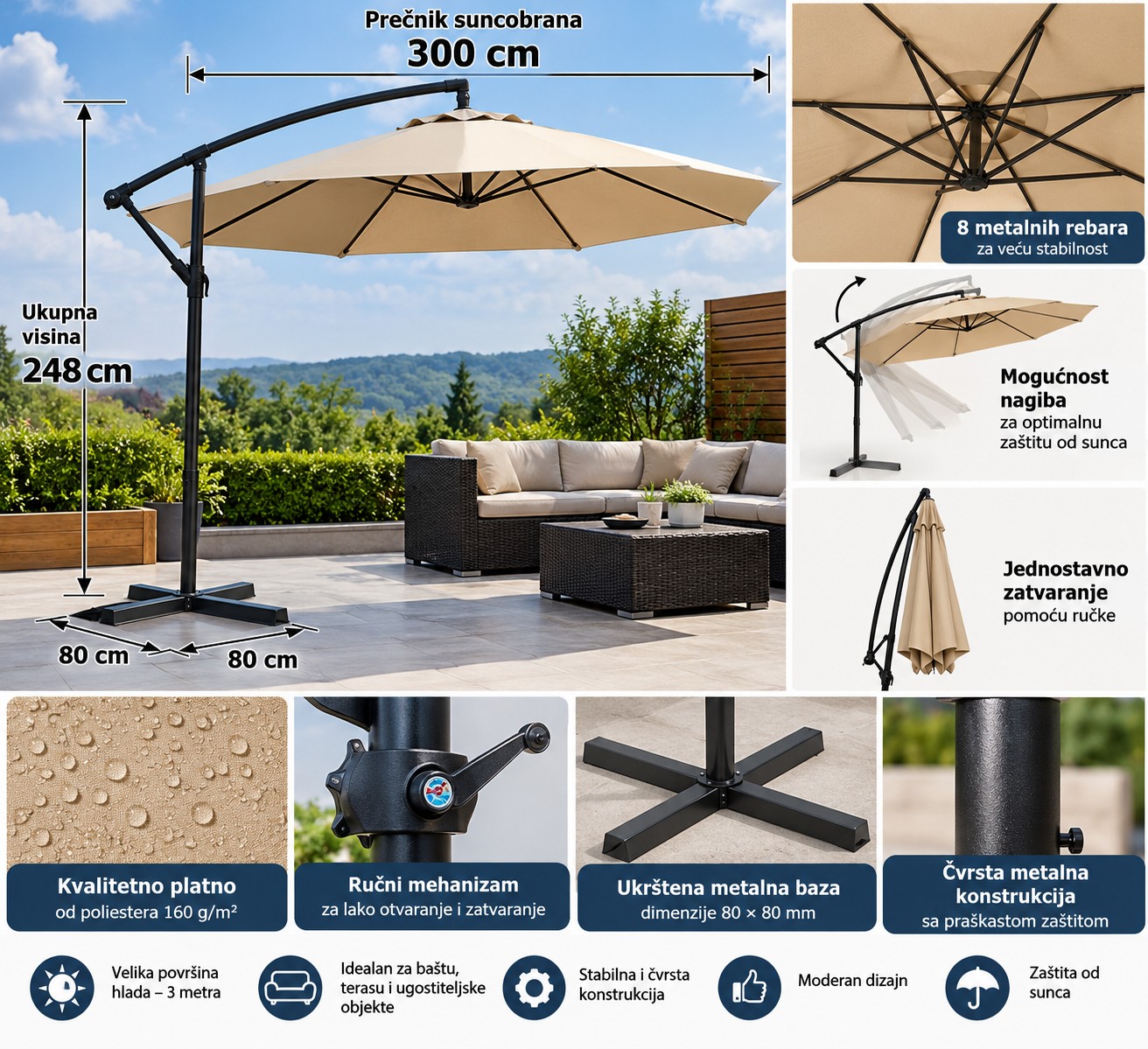 Cantilever Umbrella Feature Showcase Viseći Baštenski Banana Suncobran 3m sa Metalnom Konstrukcijom - Image 1