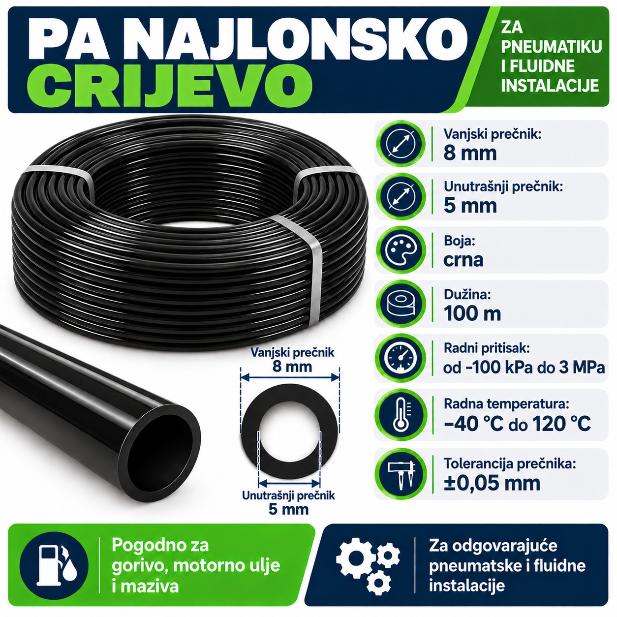 PA Najlonsko crijevo 8×5 mm, 100 m Pneumatsko Crijevo Od PA Plastike 8x5MM Rinfuza (100M) - Image 1
